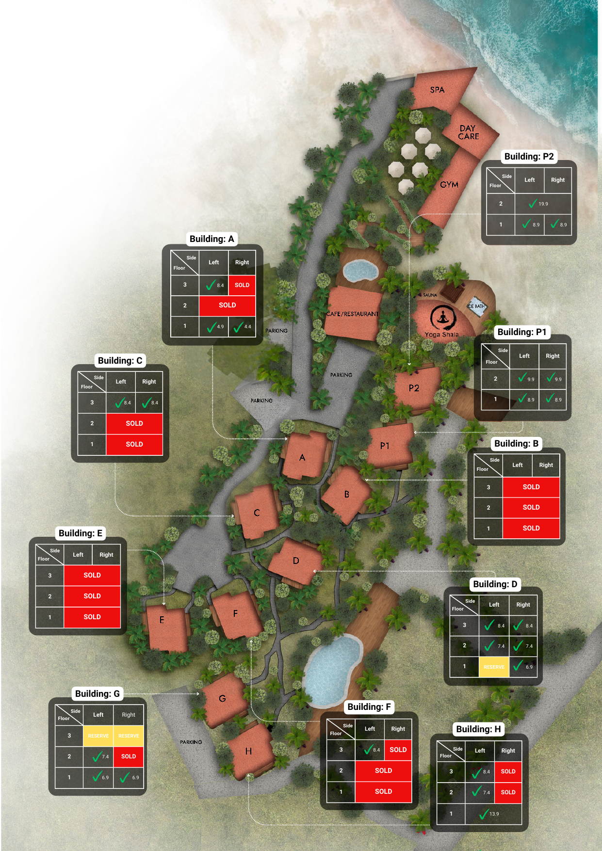 Gaia Residence site plan — all buildings, amenities and available units
